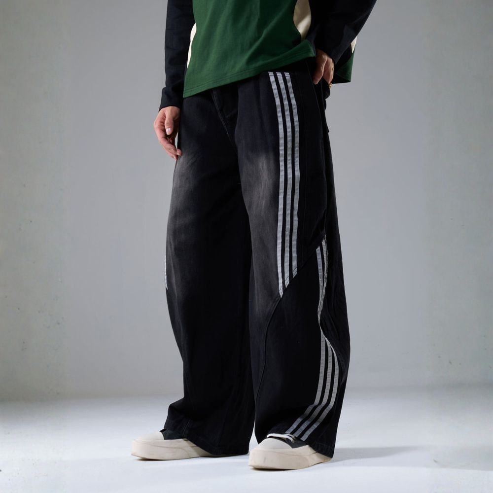 Denim Striped Barrel Jeans - Black