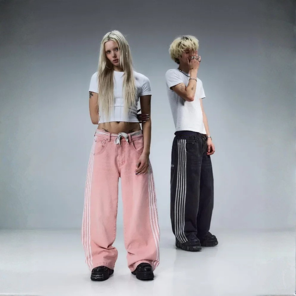 Embroidered Striped Baggy Jeans - Black stripe