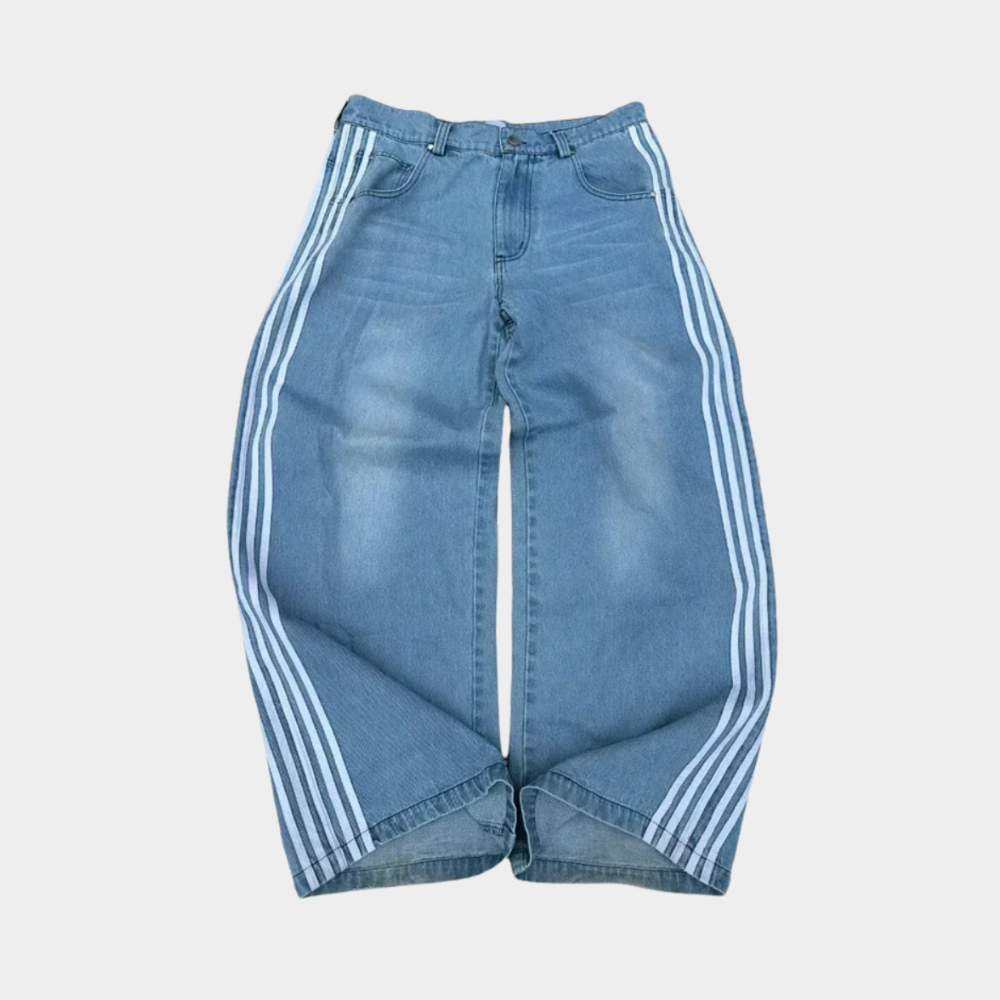 Embroidered Striped Baggy Jeans - Pink