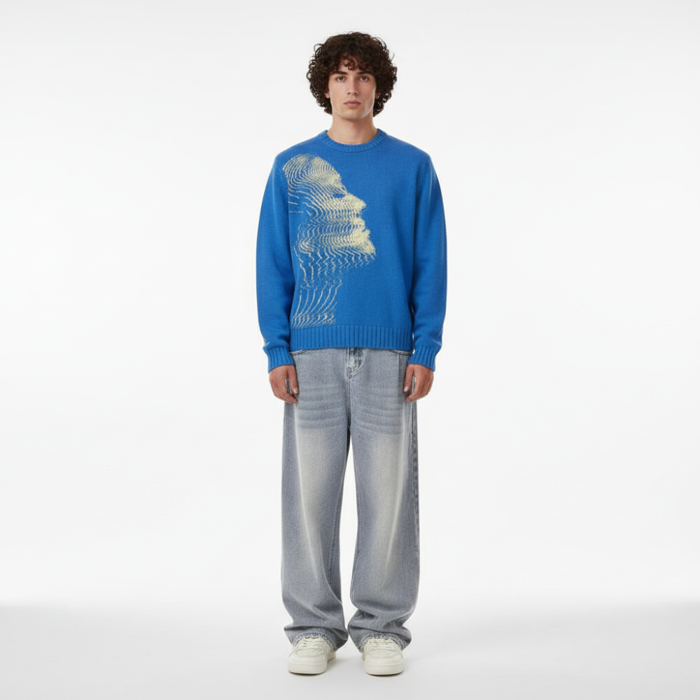 'Vibrations' Graphic Knitted Sweater - Ocean Blue