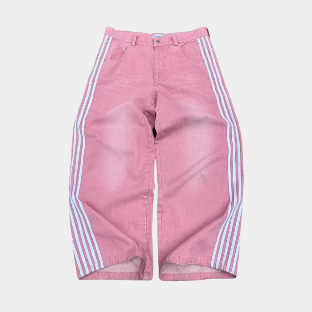 Embroidered Striped Baggy Jeans - Pink