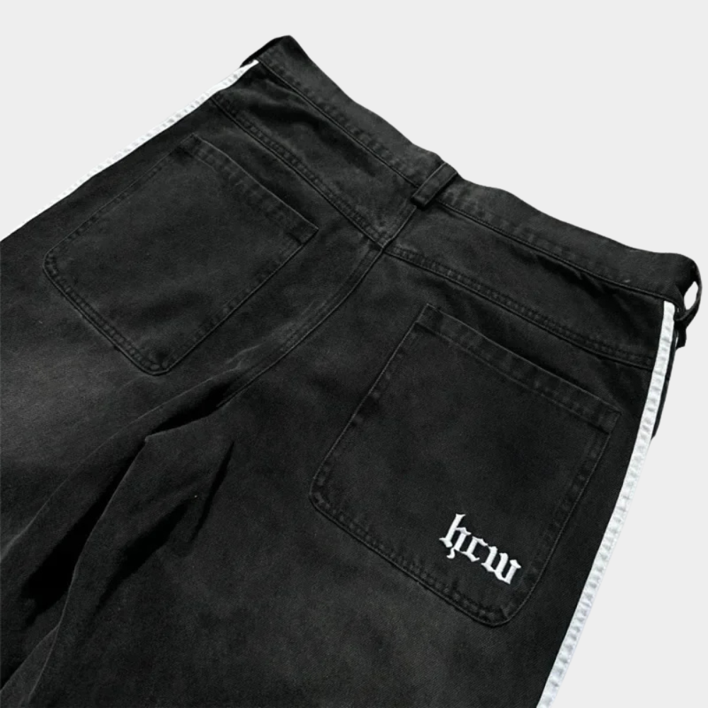 Embroidered Striped Baggy Jeans - Pink