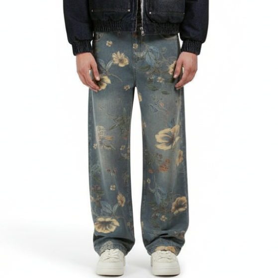 Denim Floral Print Jeans - Blue