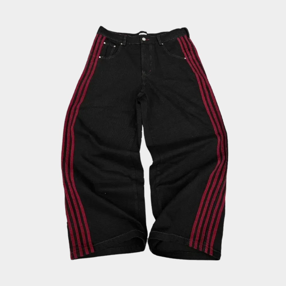 Embroidered Striped Baggy Jeans - Pink