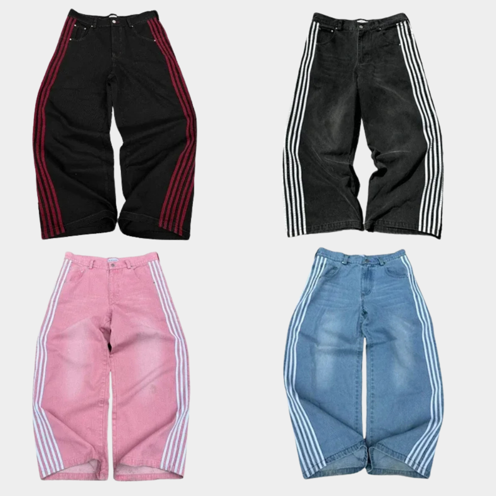 Embroidered Striped Baggy Jeans - Purple