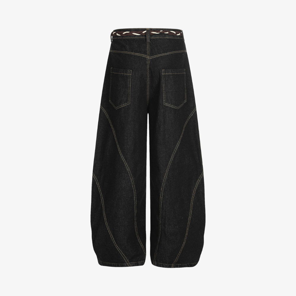 Retro Patchwork Barrel Jeans - Black