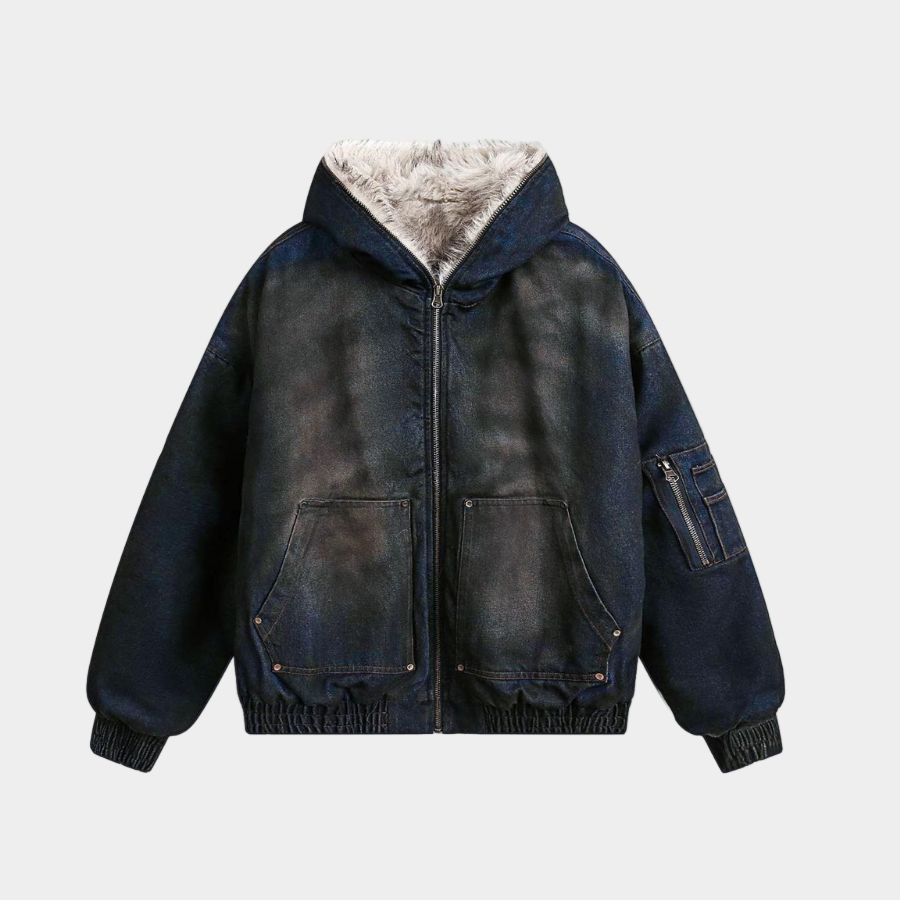 Denim Fur Hooded Jacket - Deep Blue