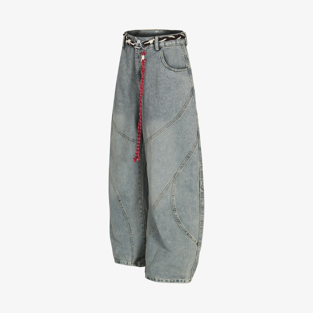 Retro Patchwork Barrel Jeans - Blue