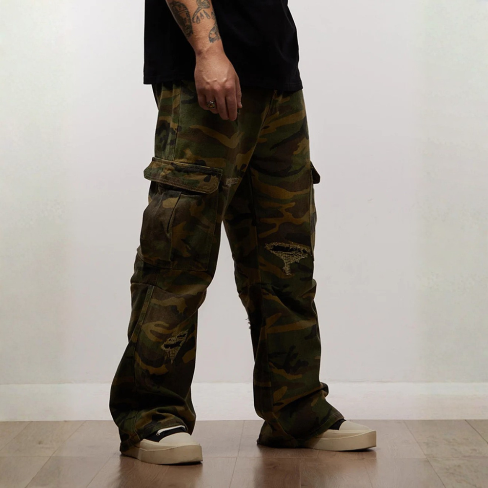Woven Ripped Camouflage Flared Cargo Pants