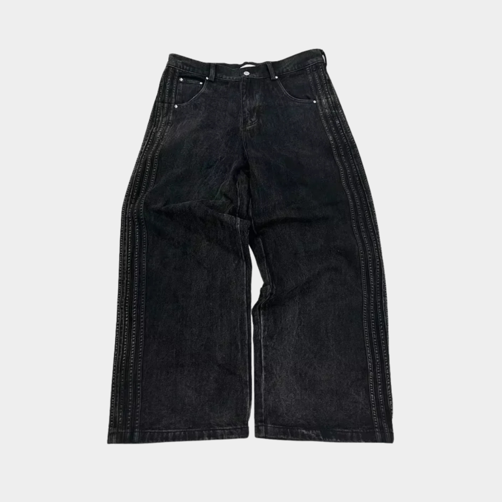 Embroidered Striped Baggy Jeans - Purple