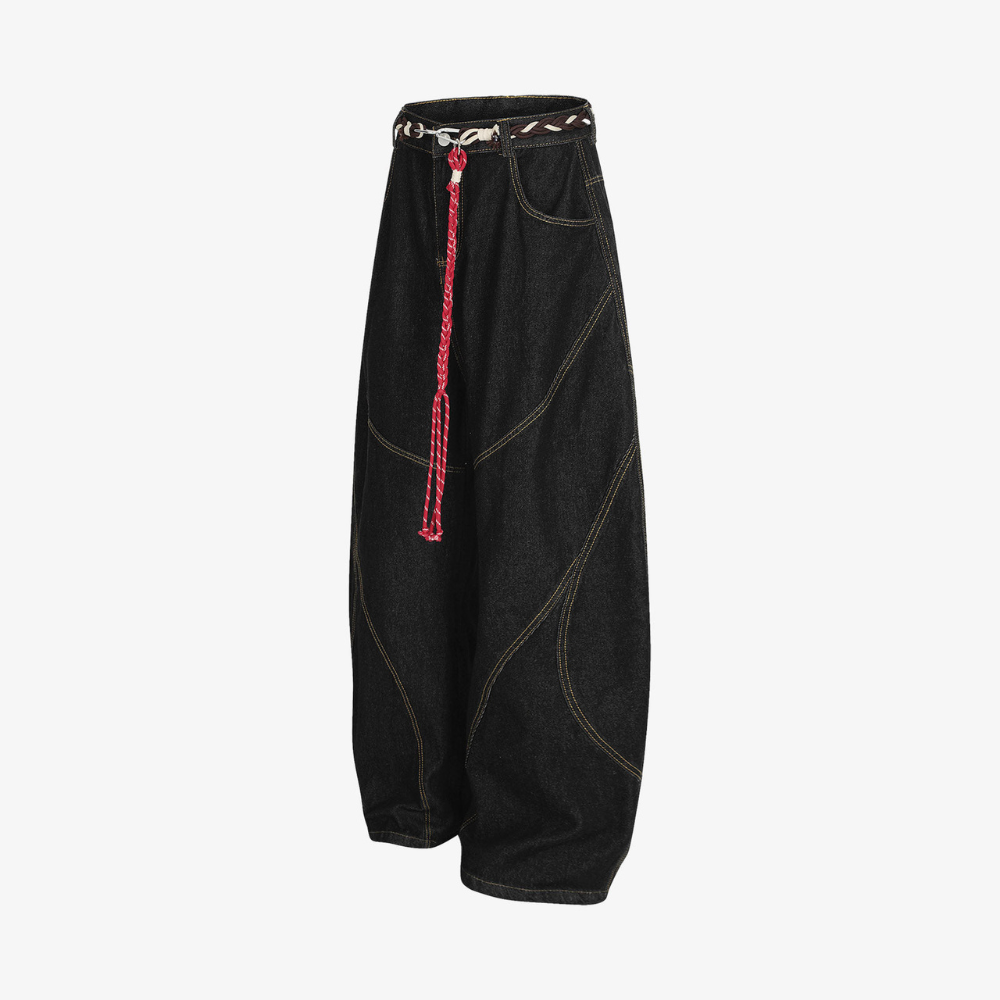 Retro Patchwork Barrel Jeans - Black