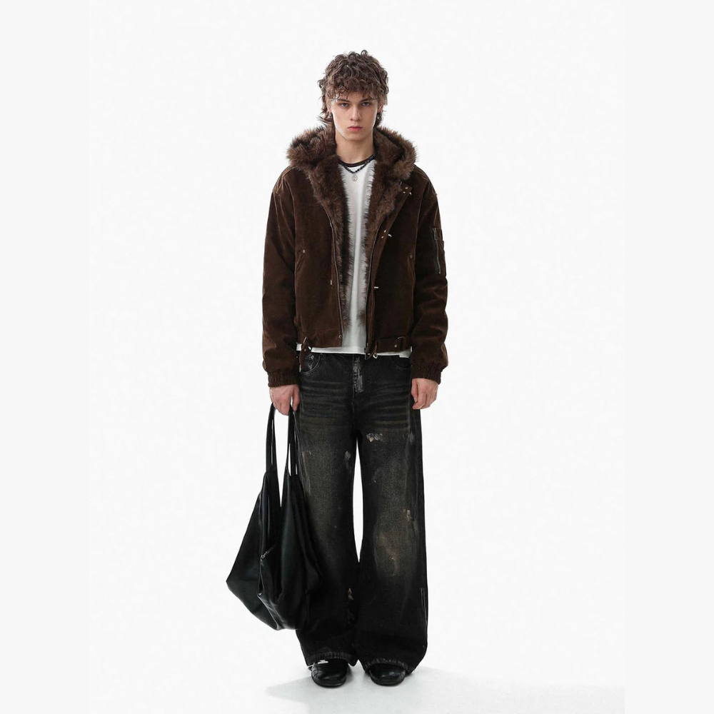 Streetwear Metal Clip Faux Fur Hooded Suede Bomber Jacket