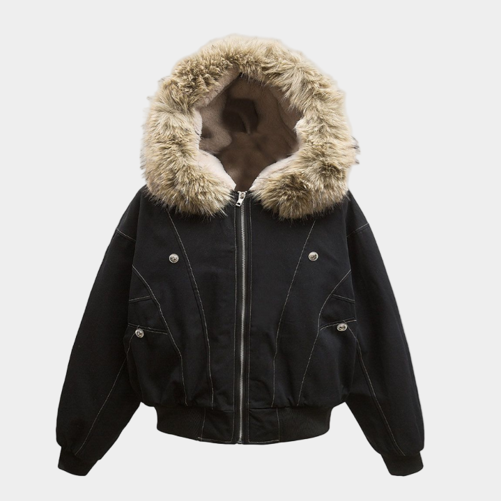 Hooded Faux Fur Bomber - Black