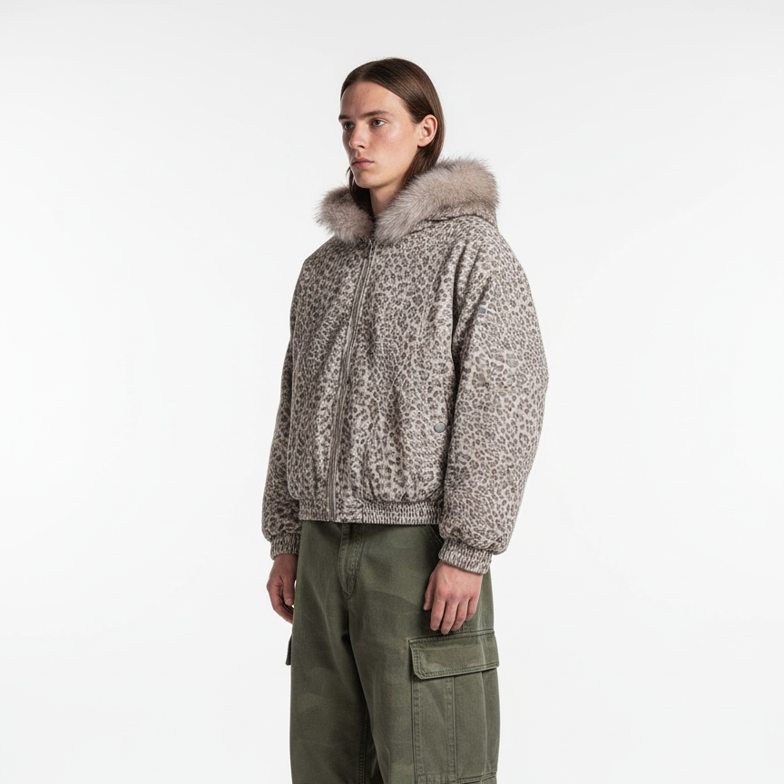 Cotton Cheetah Print Mink Fur Hooded Jacket - 2270