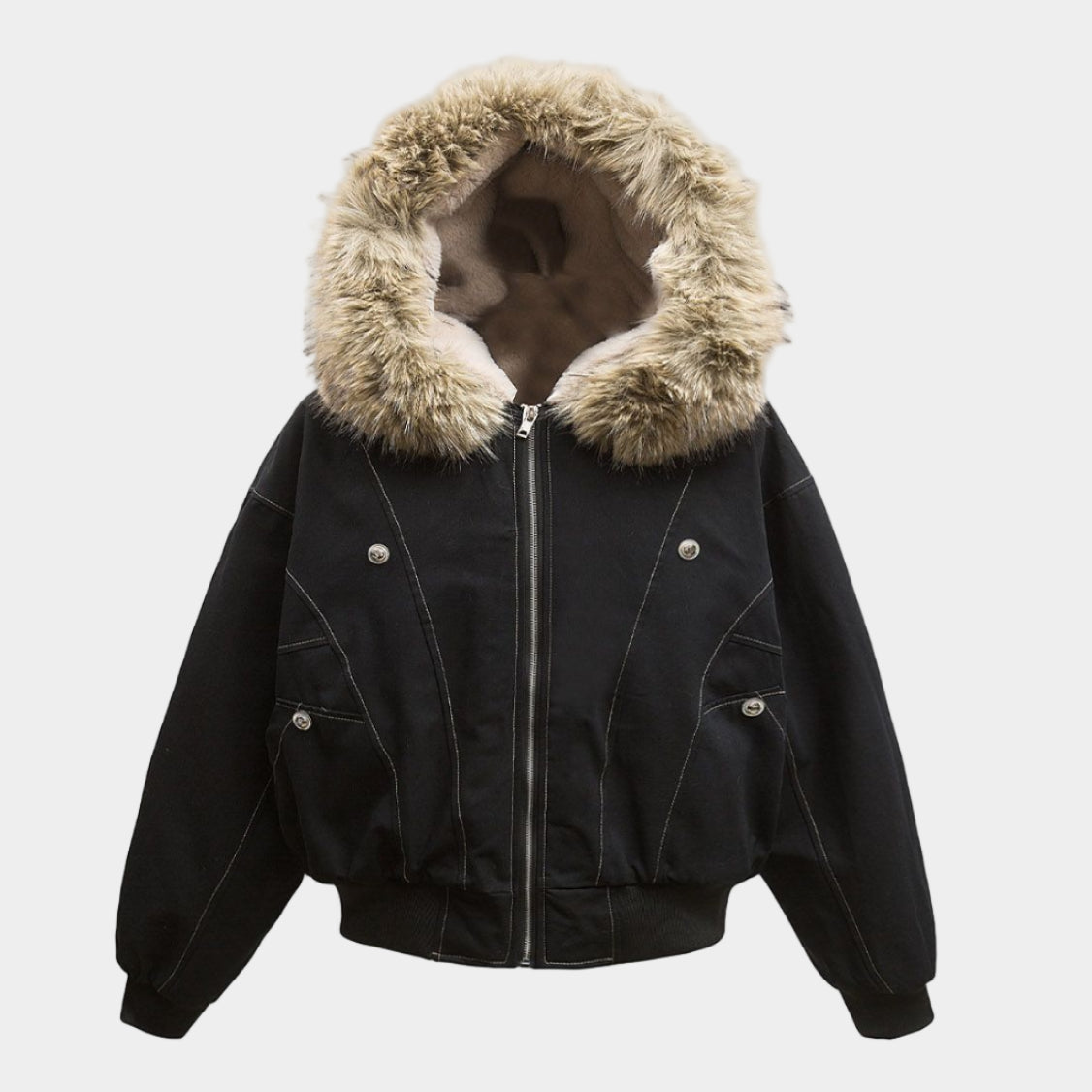 Hooded Faux Fur Bomber - Black