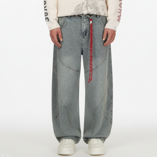 Retro Patchwork Barrel Jeans - Black