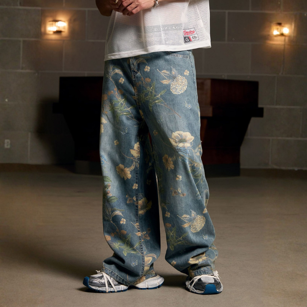 Denim Floral Print Jeans - Blue