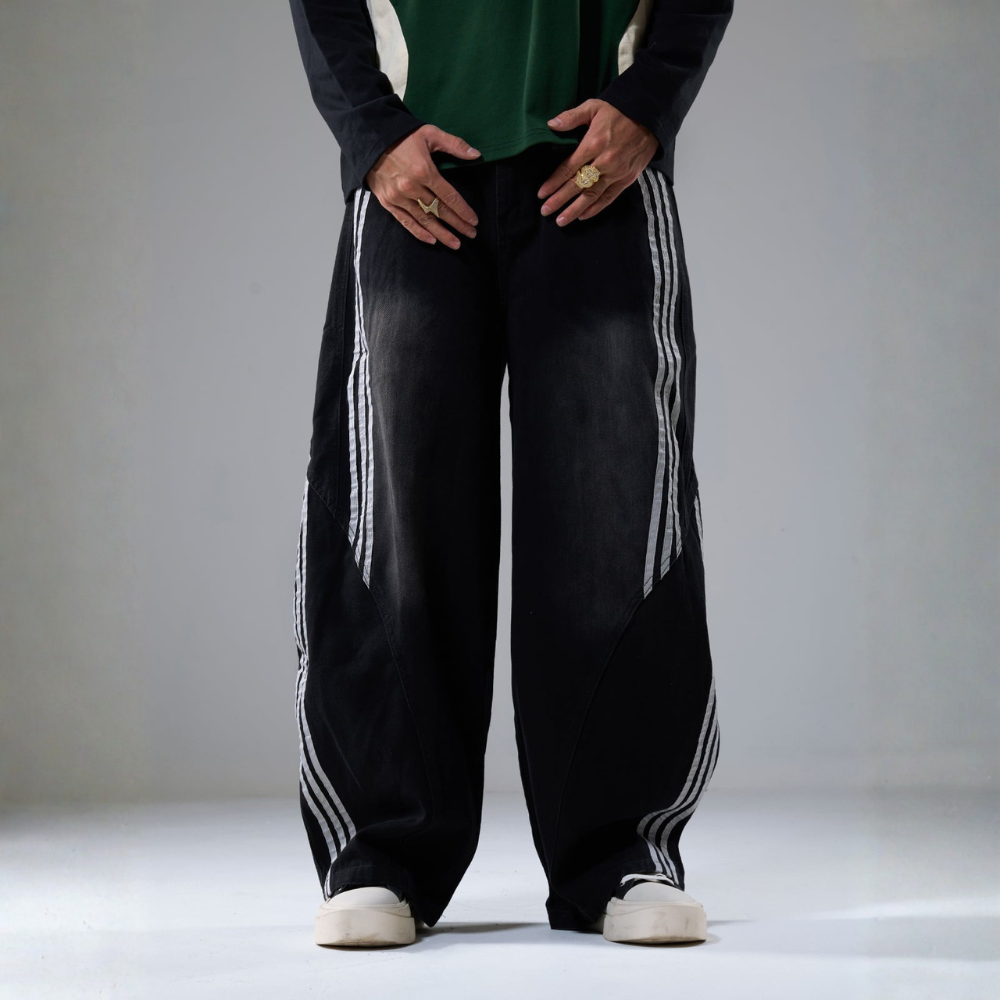 Denim Striped Barrel Jeans - Black