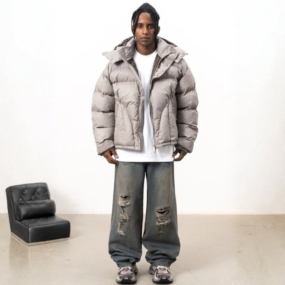 'Y2K' Puffer Jacket Button-Up - Beige/Brown