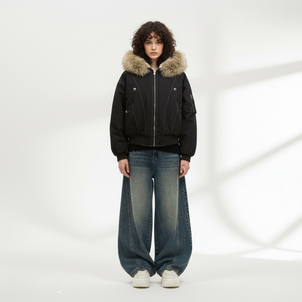 Hooded Faux Fur Bomber - Grey