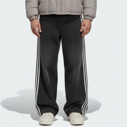 Embroidered Striped Baggy Jeans - Black/White