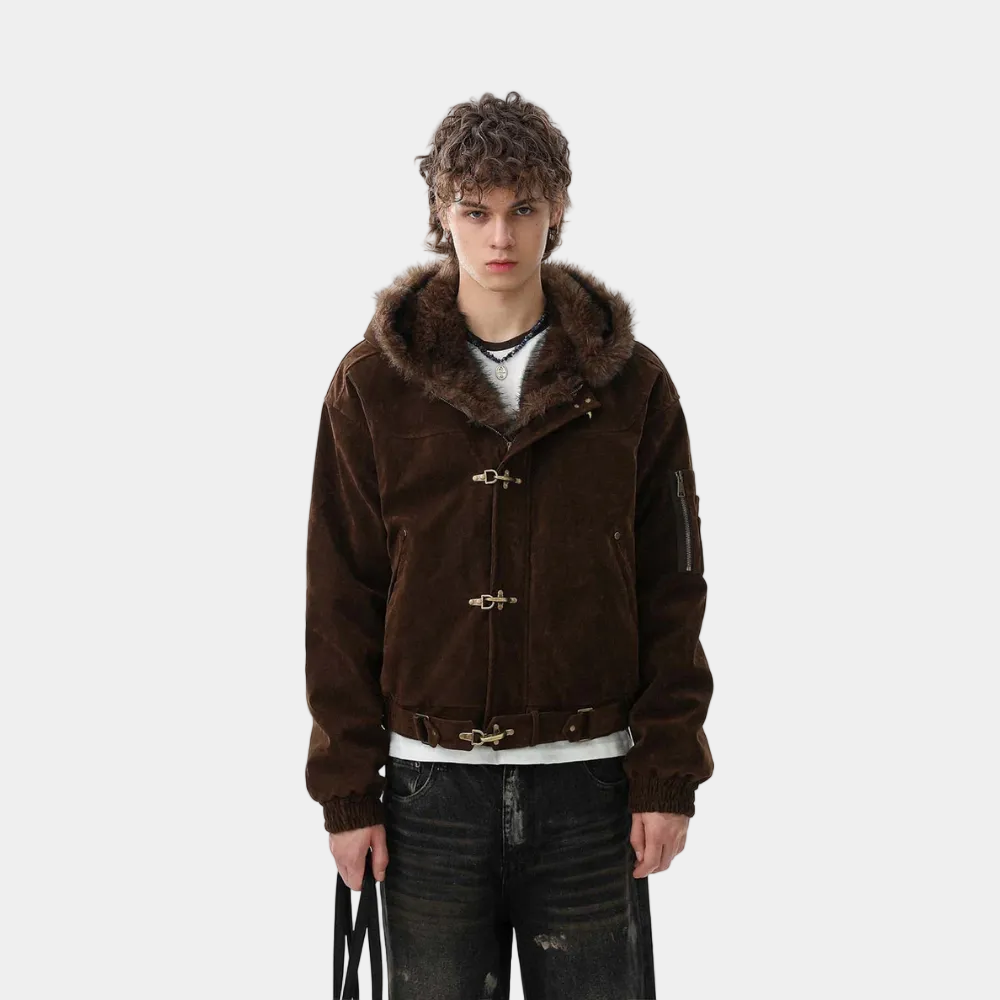 Streetwear Metal Clip Faux Fur Hooded Suede Bomber Jacket