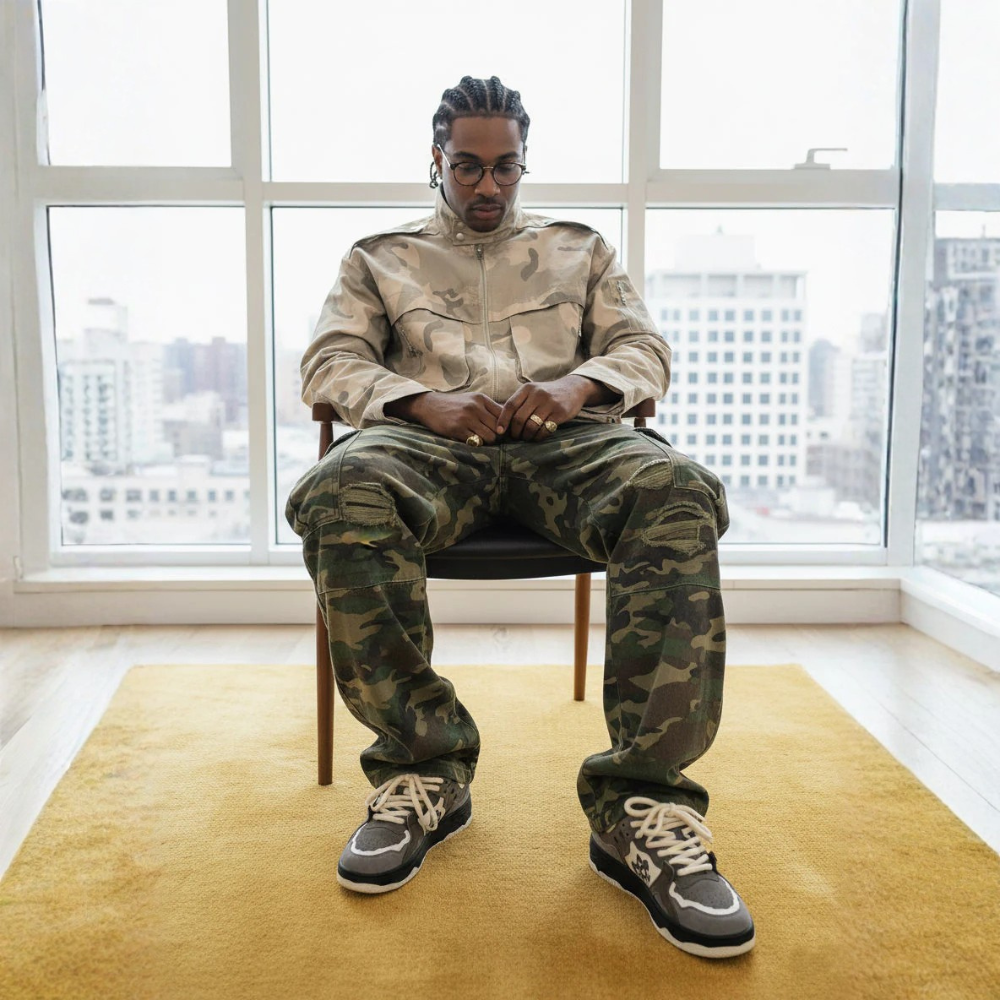 Woven Ripped Camouflage Flared Cargo Pants