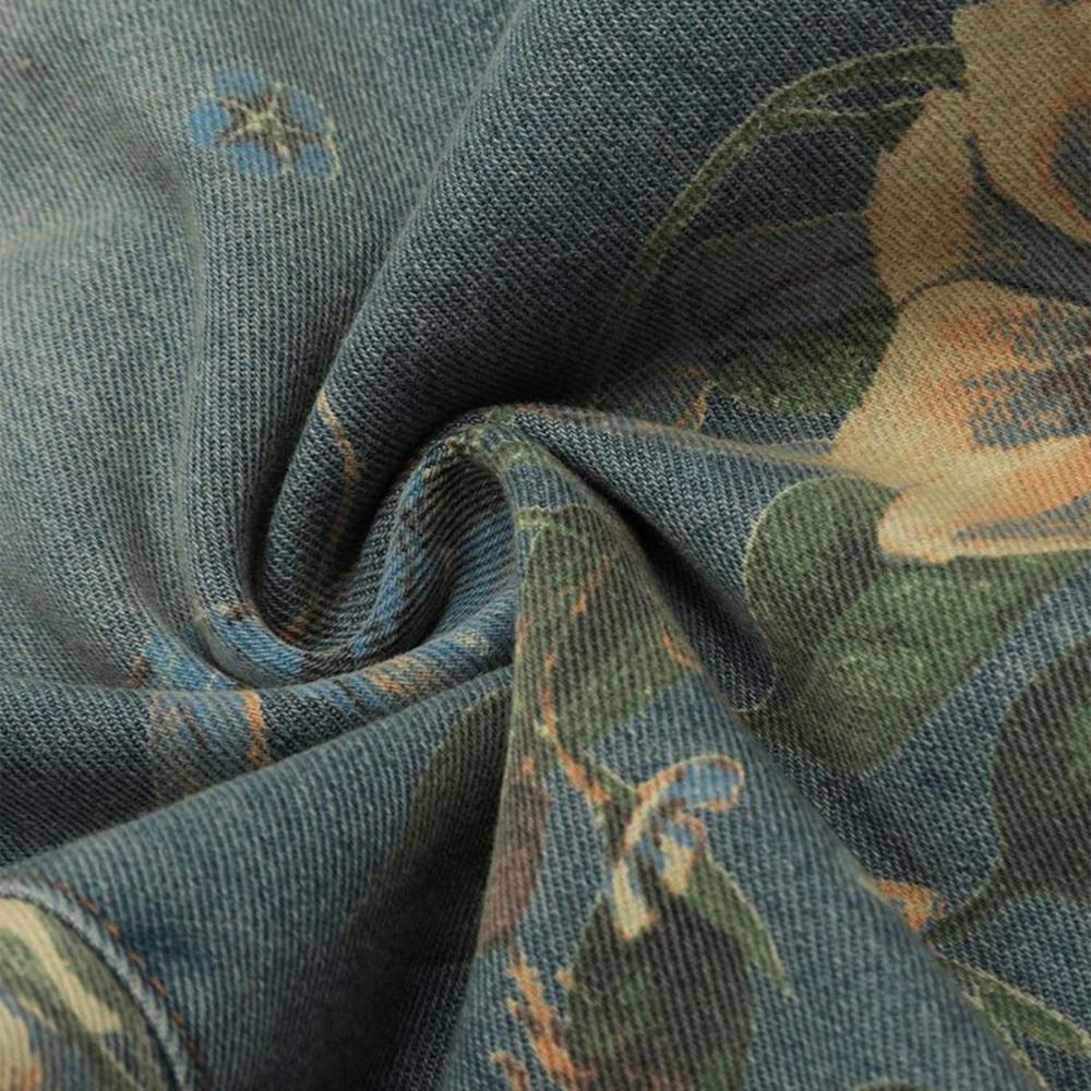 Denim Floral Print Jeans - Blue