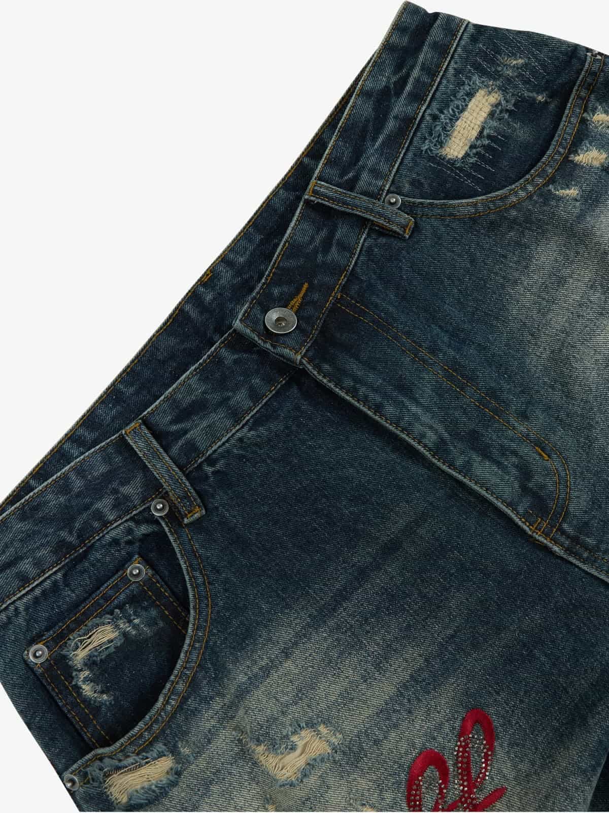 Retro Rhinestone Letter Embroidery Distressed Baggy Jeans