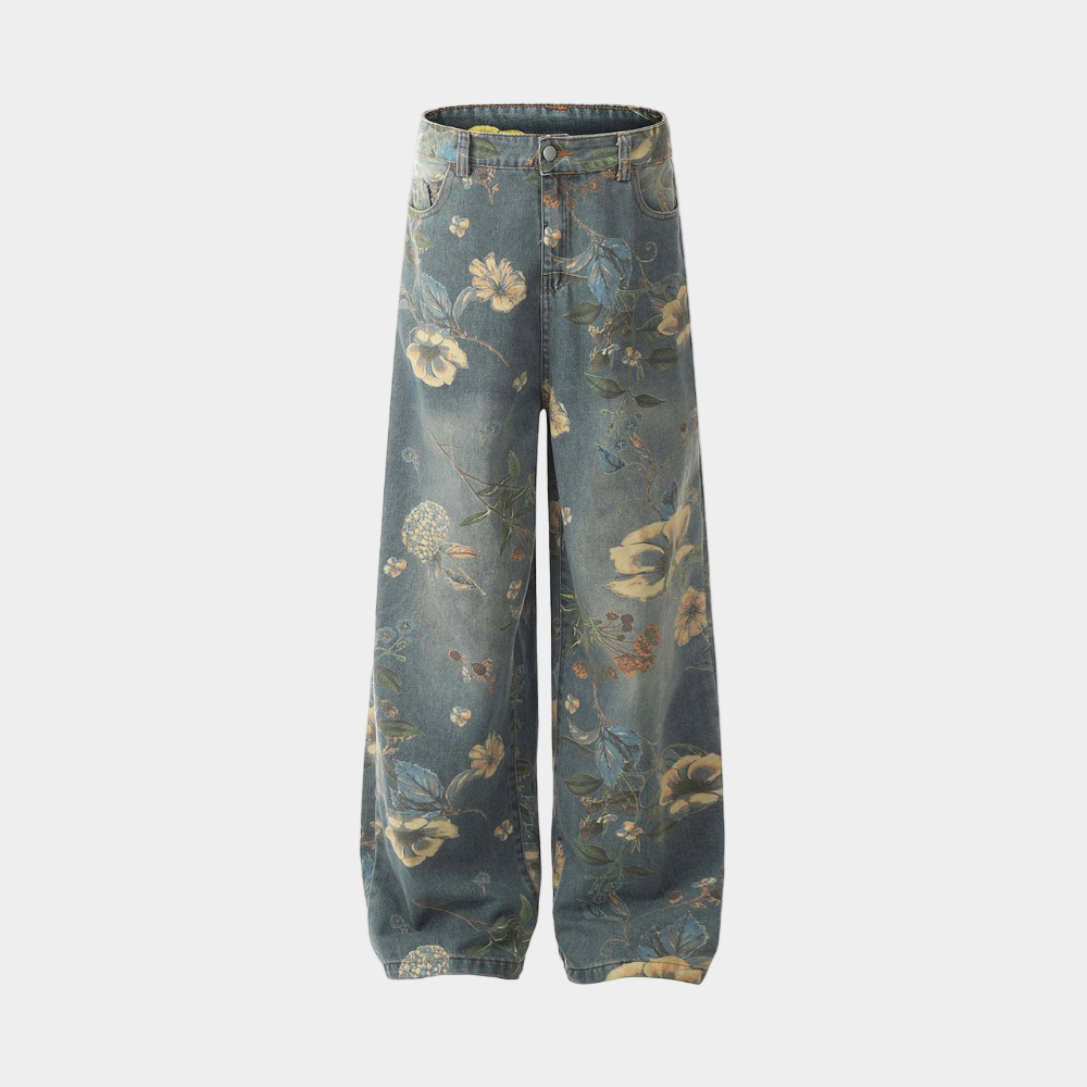 Denim Floral Print Jeans - Blue