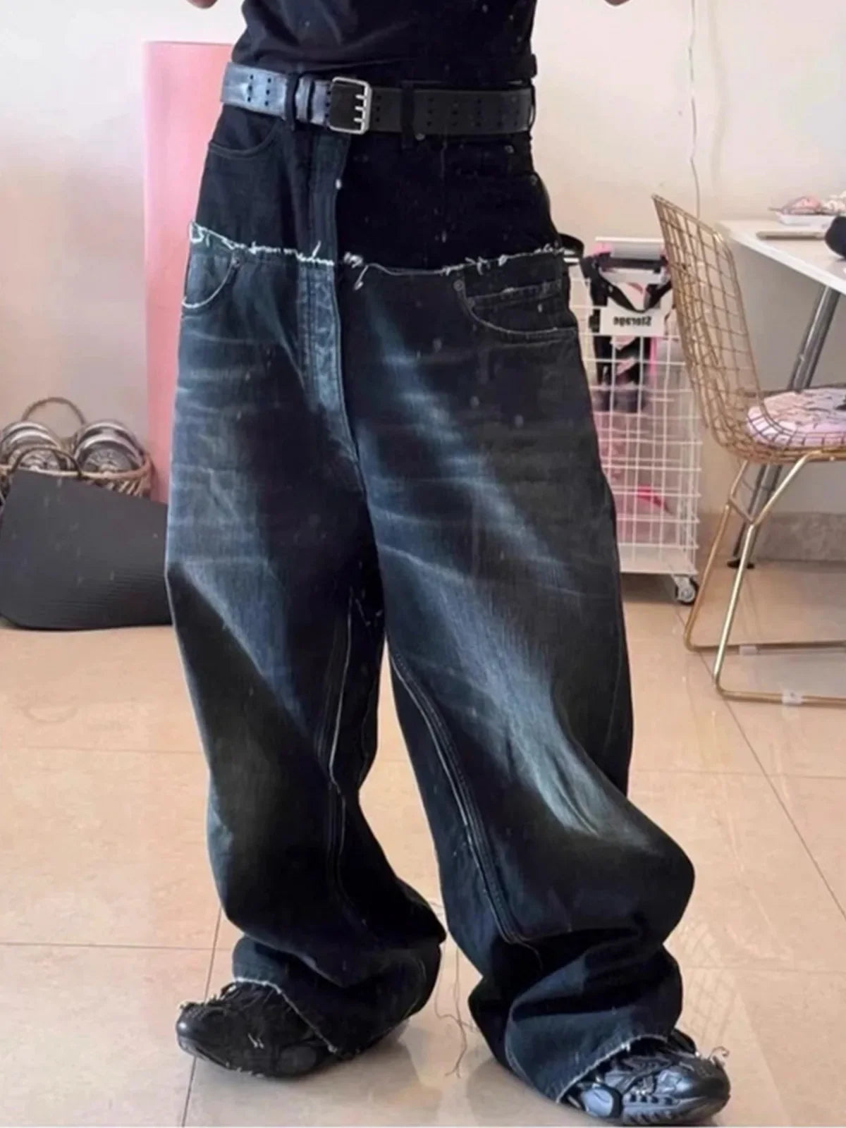 Cut-Up Washed Baggy Jeans